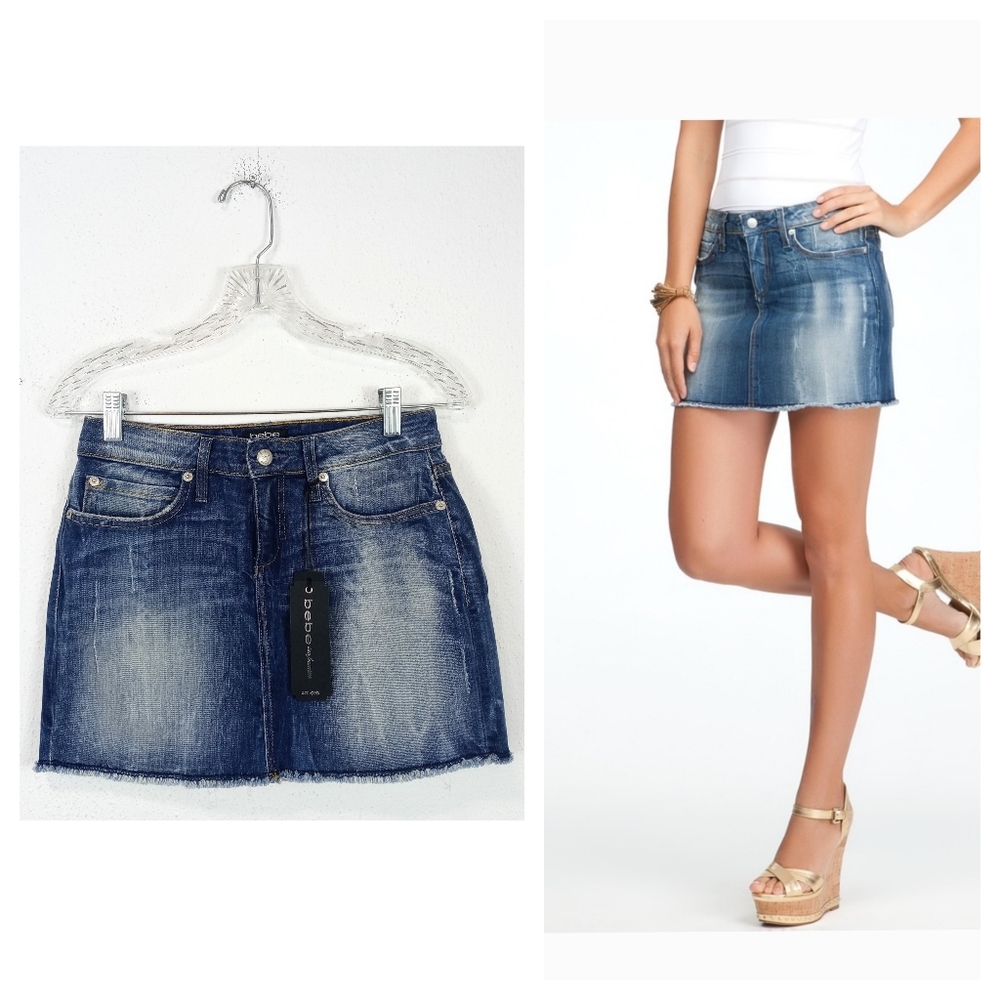 Bebe Shogun Express Frayed Hem Mini Skirt Distressed Blue Denim Size 26/2